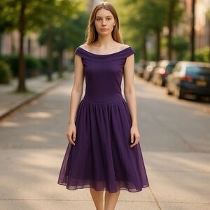 Purple Fit and Flare Midi Dress Large Cocktail Wedding New Years Dress